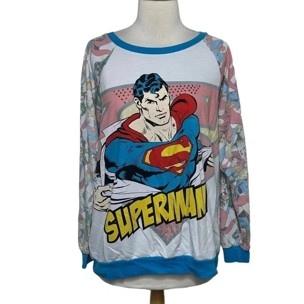 Superman Graphic Raglan Sleeve Sweatshirt Comic Print Blue Trim XL